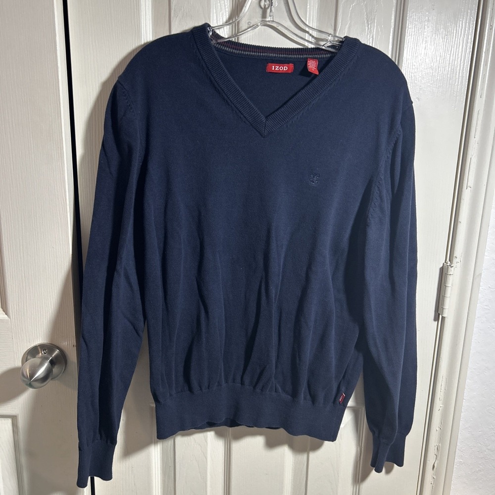 Izod 100% Cotton Sweater Men's M Preppy Logo V-neck Navy Blue
